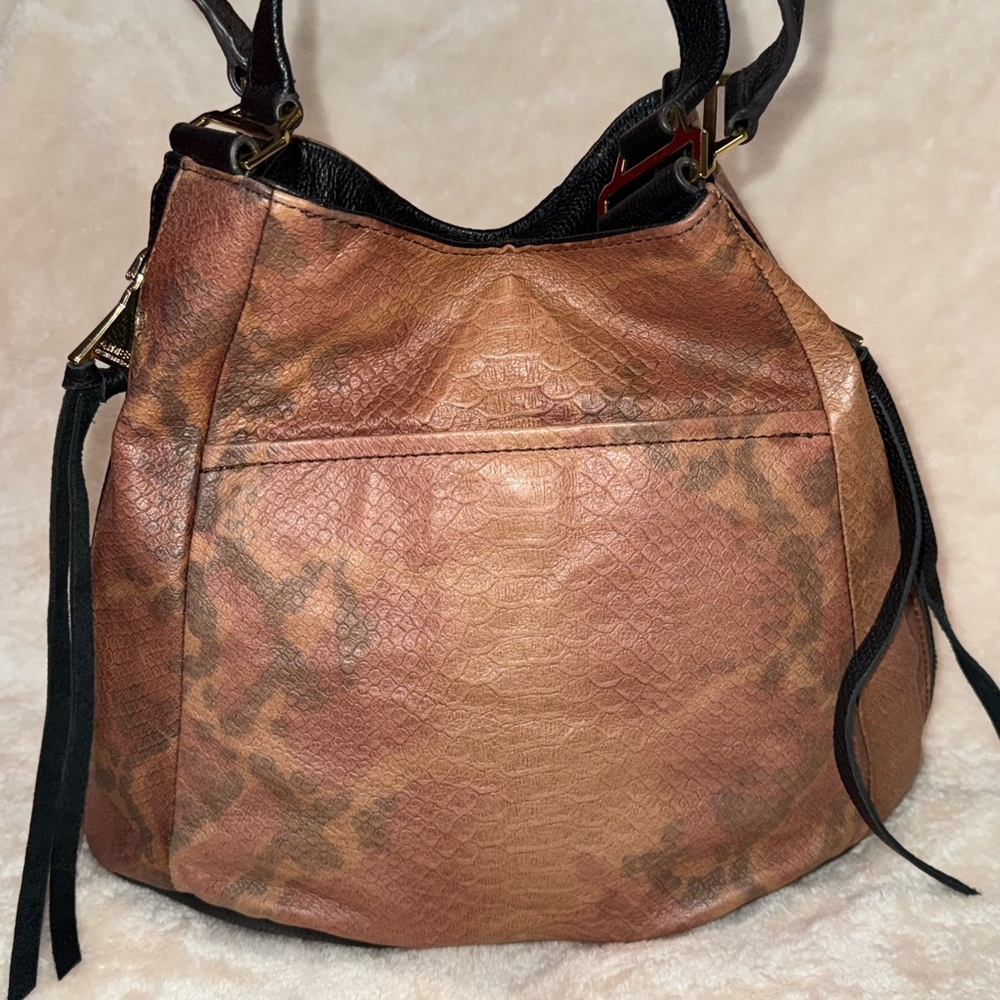 Aimee Kestenberg Leather Shoulder Bag Black Brown Snakeskin Tote Gold Hardware - Picture 5 of 16
